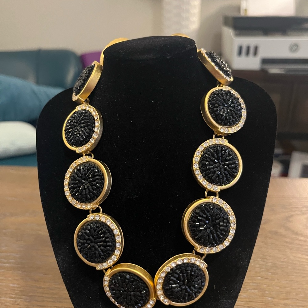 Black Gold Tone Beaded Statement Necklace Rhinestone Accents